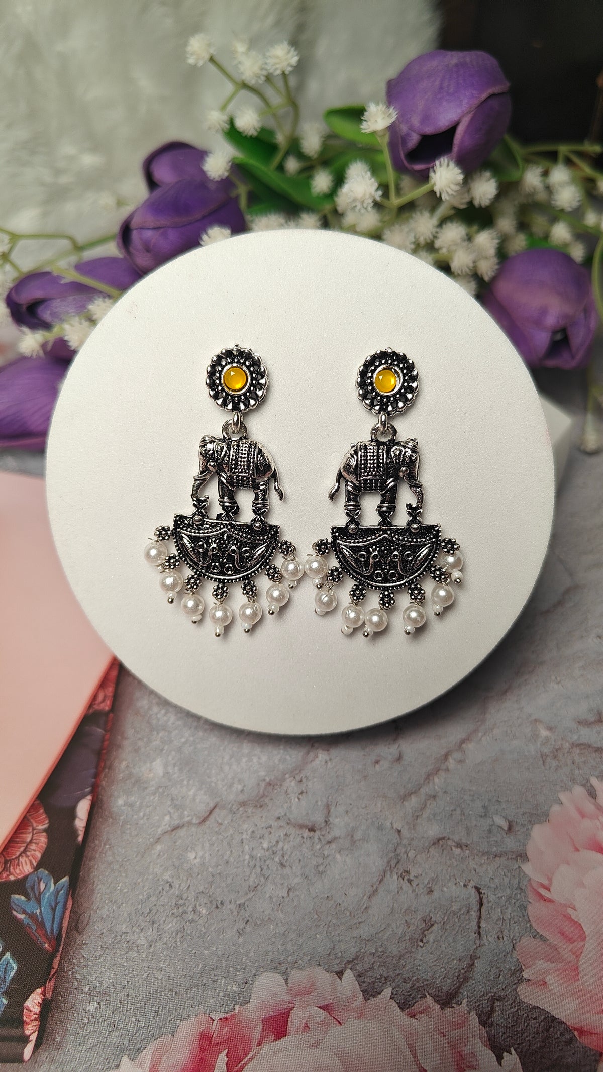 Sunlit Haathi Oxidised Dangler Earrings