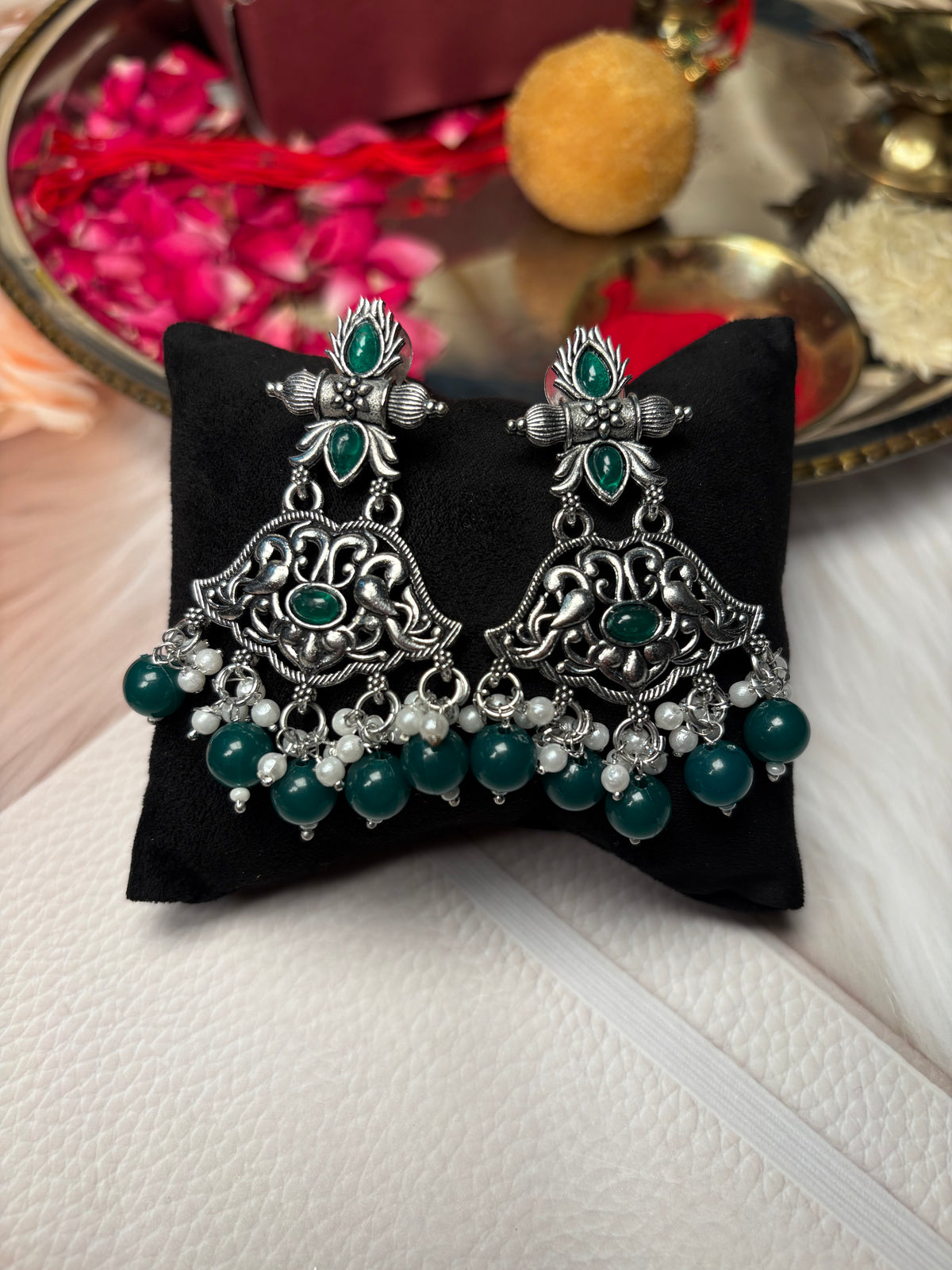 Emerald Leaf Oxidised Peacock Dangler Earrings