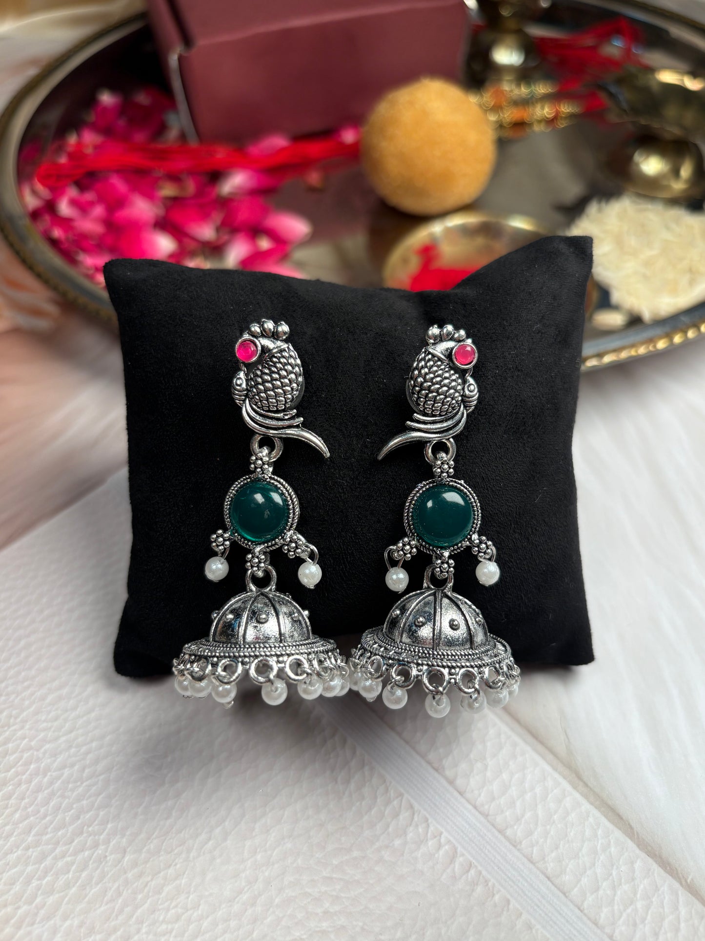 Emerald Matsya Drop Oxidised Jhumka Earrings