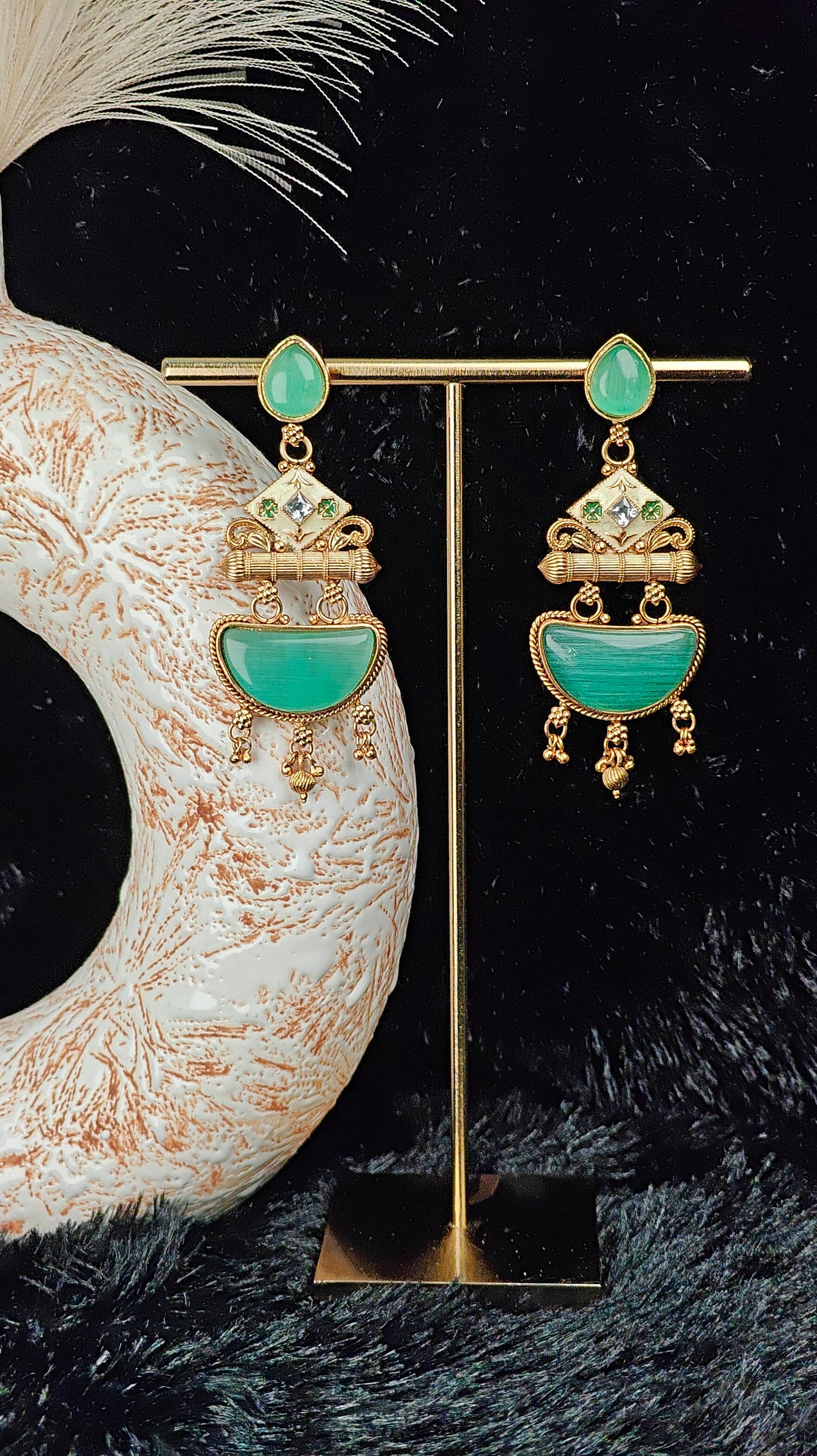 Royal Enamel Meenakari Drop Earrings in Emerald Green
