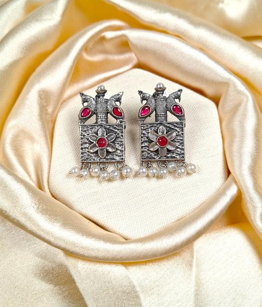 Oxidized silver peacock ruby stone necklace set