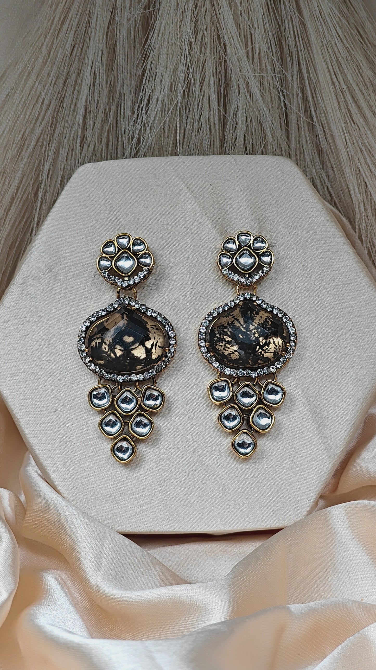 Luxury kundan studded earrings with black mirror stone
