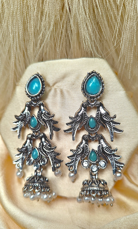 Blue Sparrow Cascade Oxidised Jhumka Earrings
