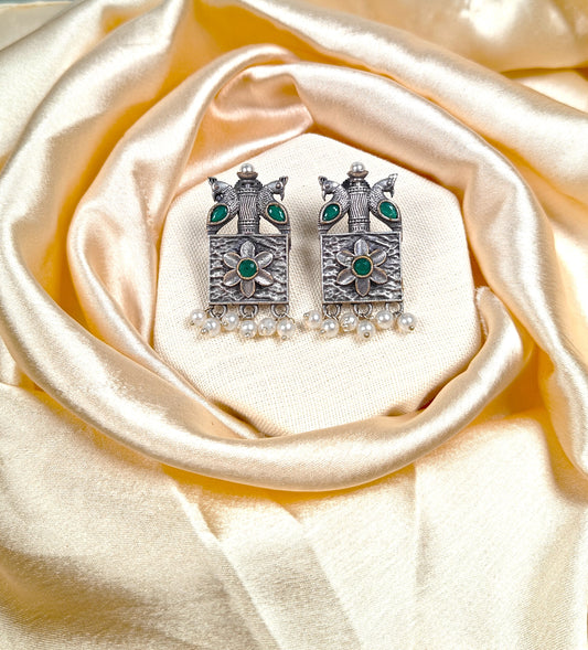 silver peacock green necklace set with earrings