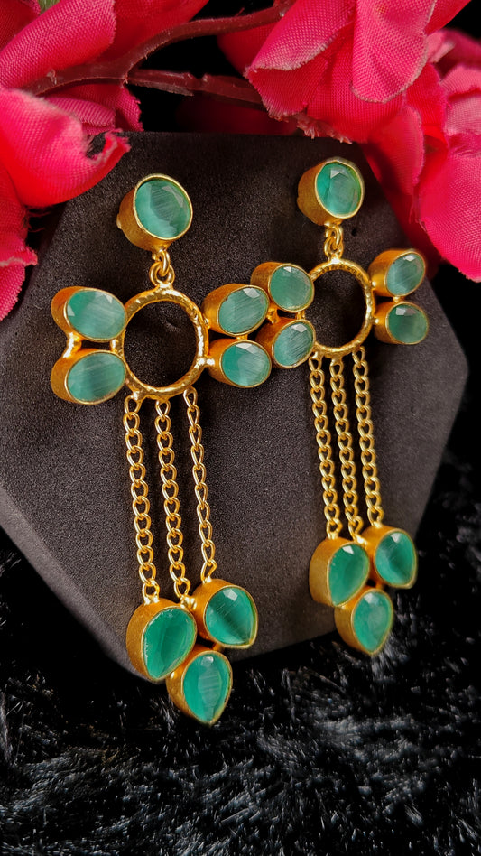 Green Petal Long Drop Earrings