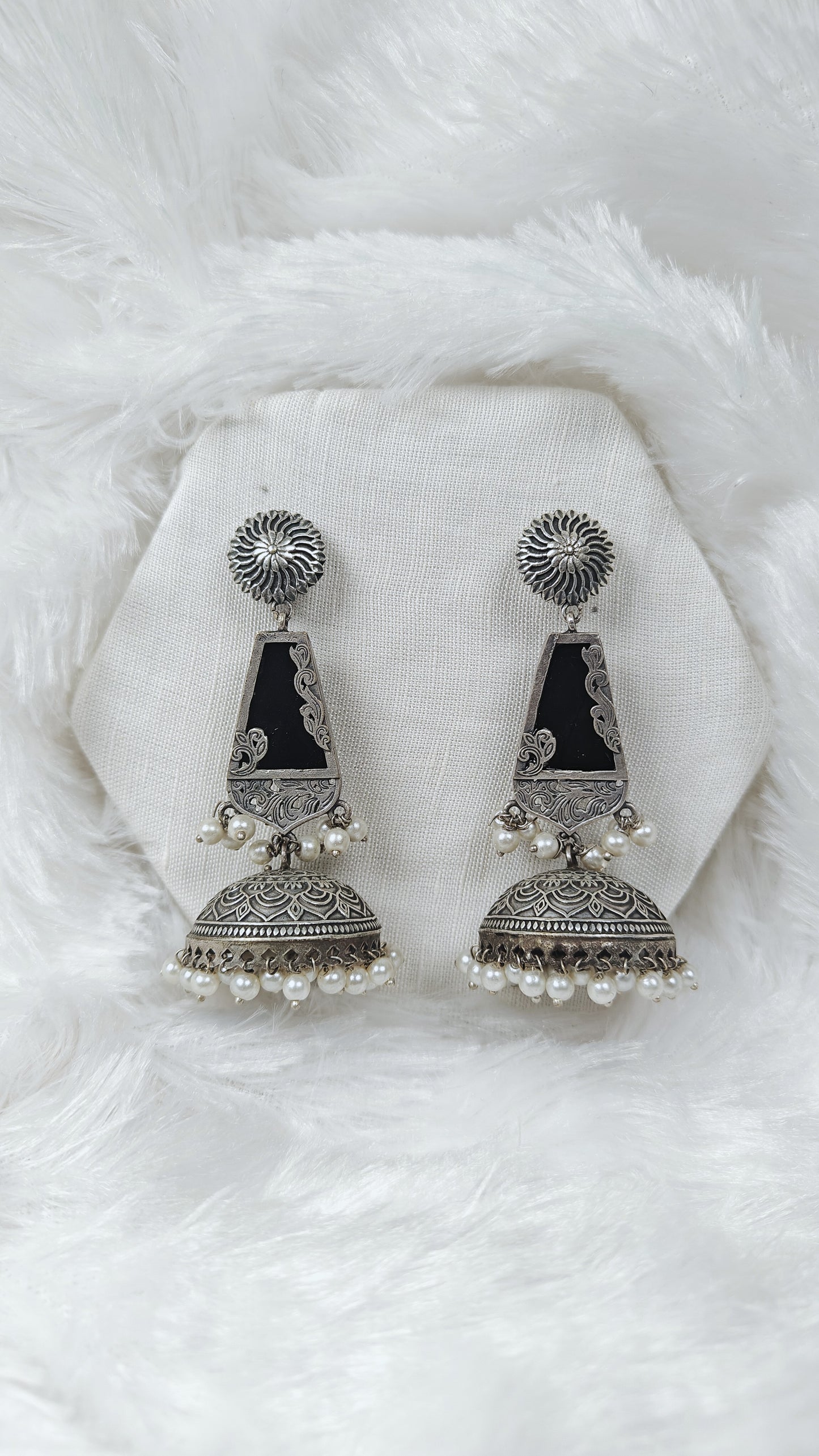 Oxidised black mirrior cone jhumka earrings