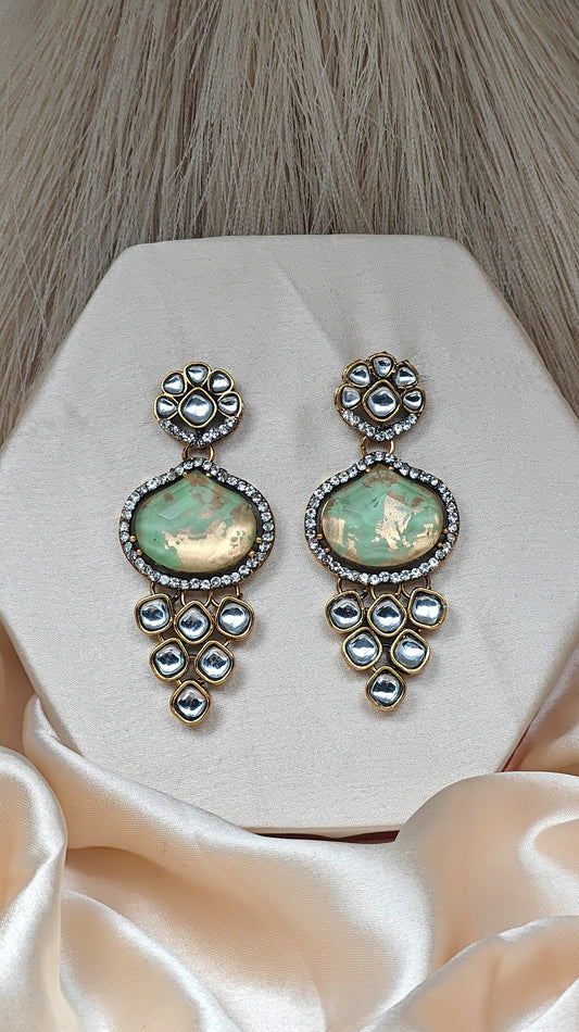 Elegant Green Stone Kundan Drop Earrings
