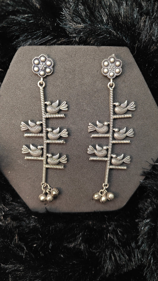 Silver Bird Motif Long Earrings