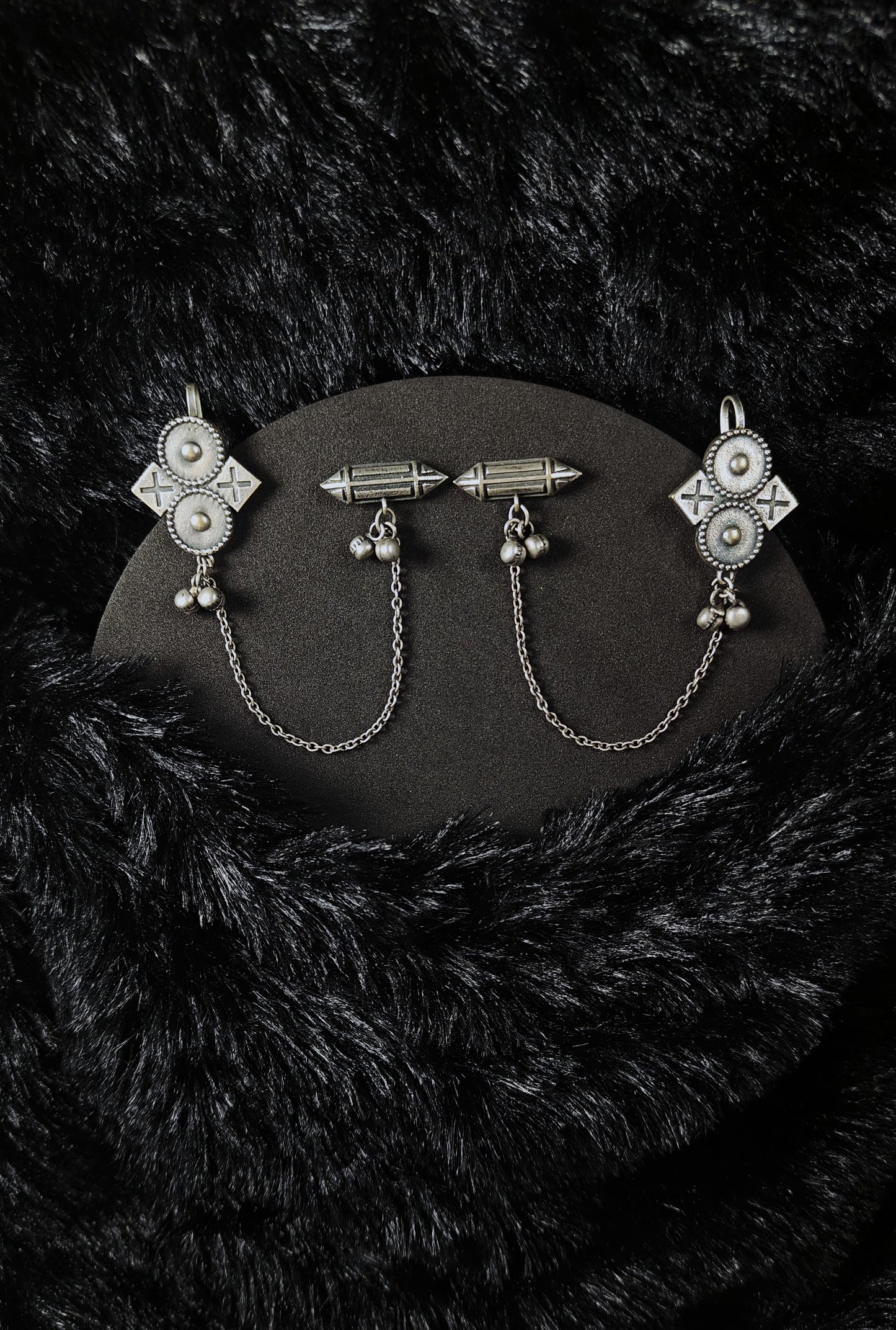 Silver Ear Cuffs With Chain & Dual motif Drops