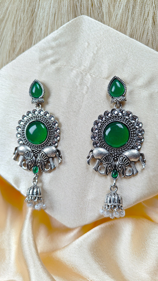 Emerald Elephant Heritage Oxidised Statement Earrings