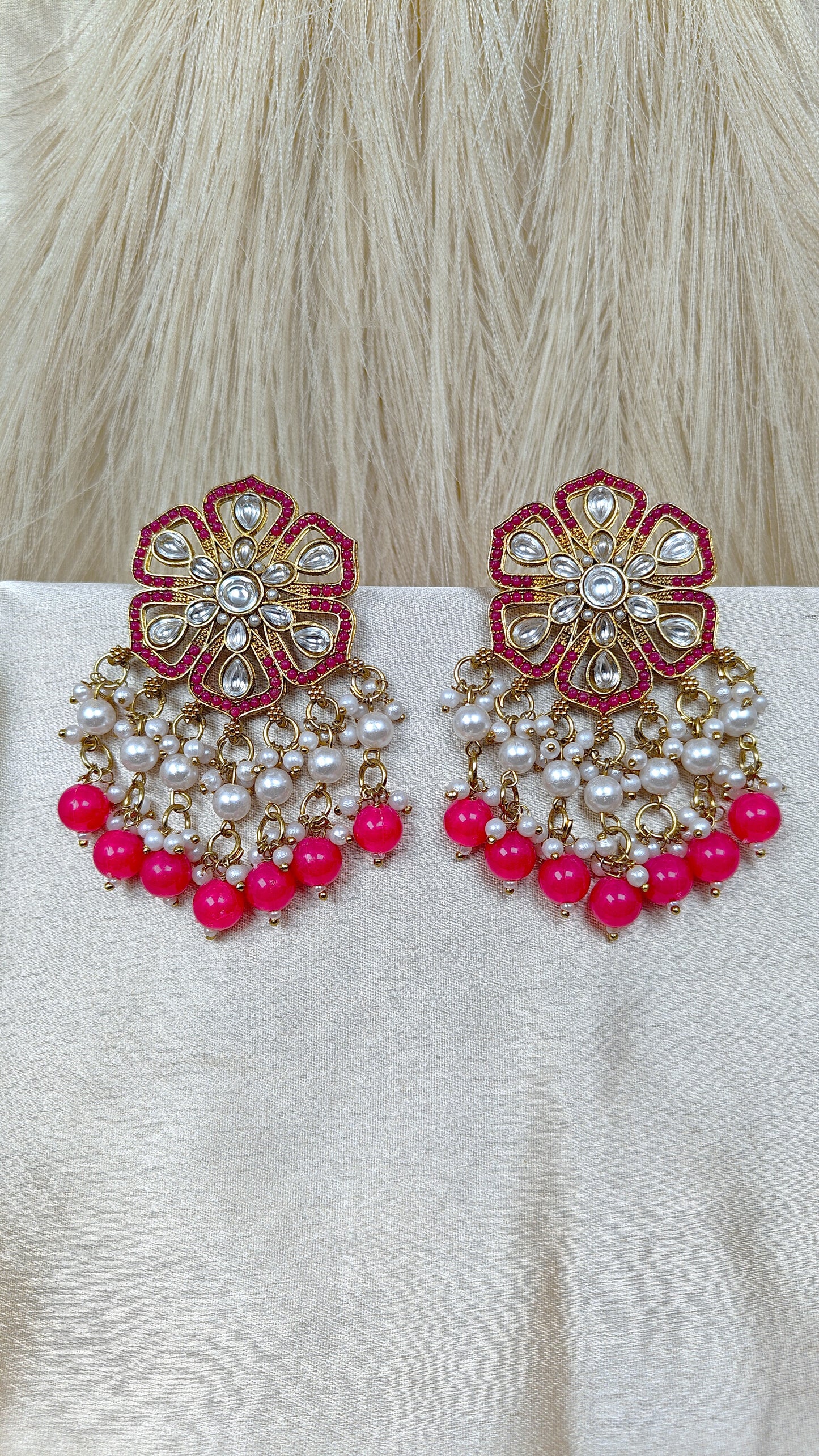 Rose pink kundan floral pearl chandbali earrings