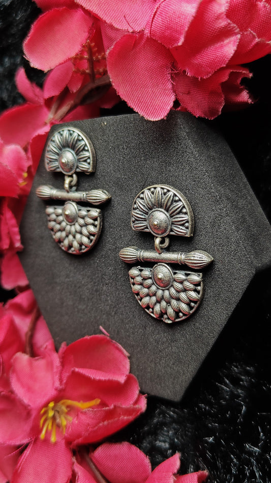 Oxidized silver half-moon floral earrings