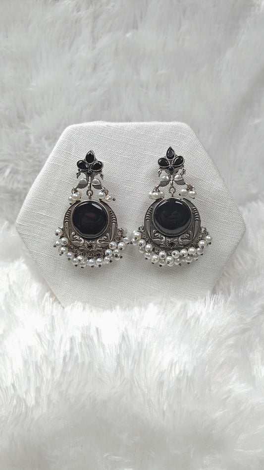 Oxidized Silver Black Stone Chandbali Earrings with Pearl Drops
