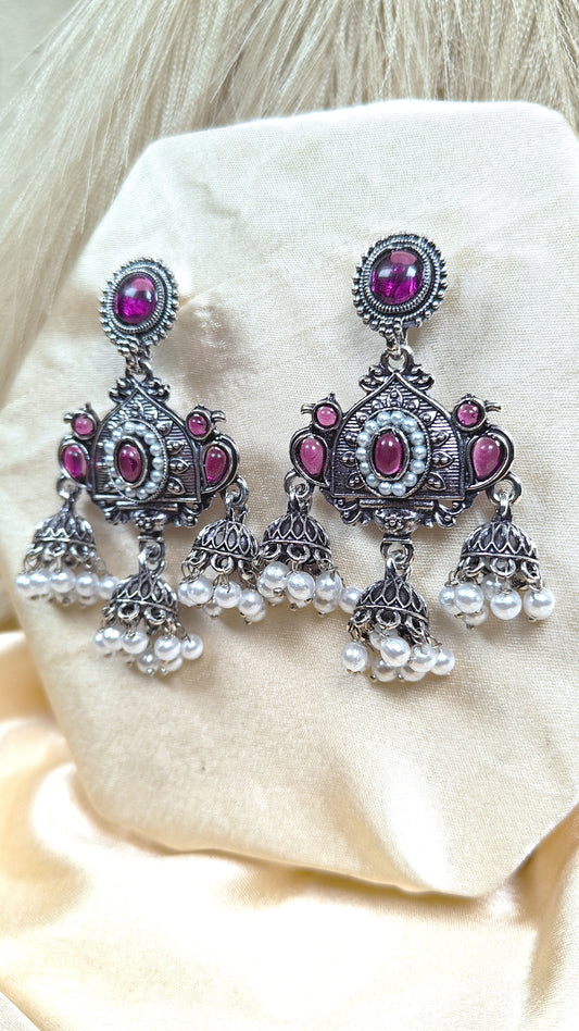 Magenta royal oxidised jhumka earrings