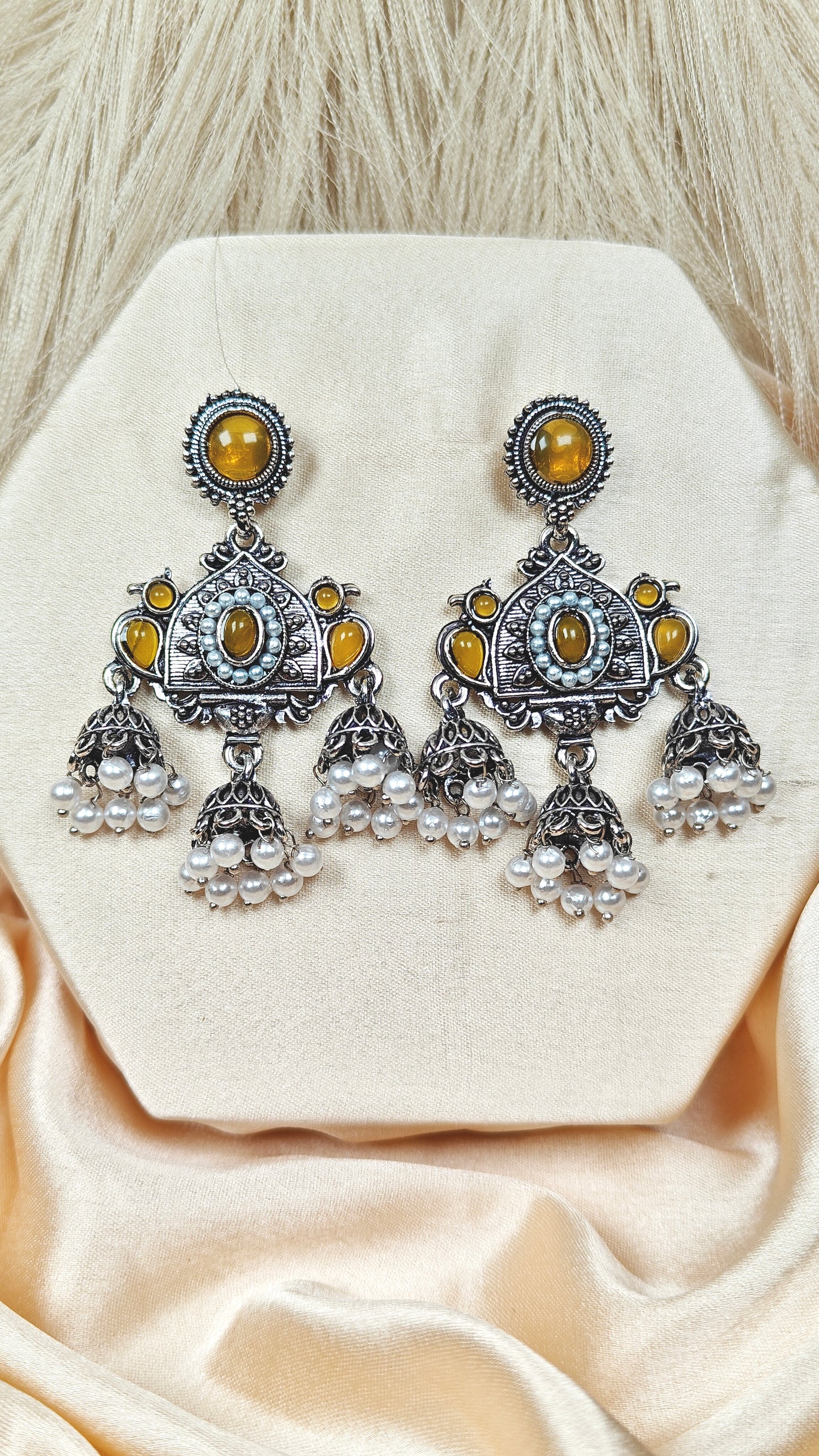 Yellow stone oxidised silver long jhumka earrings
