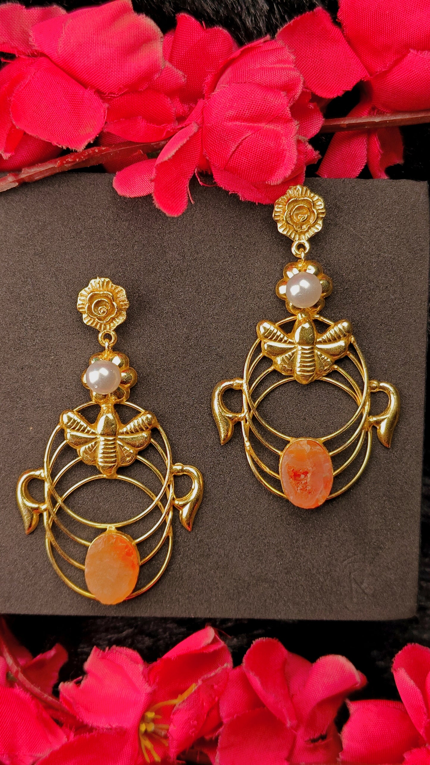 Bee Motif Earrings With Pearl & Orange Quartz Stones