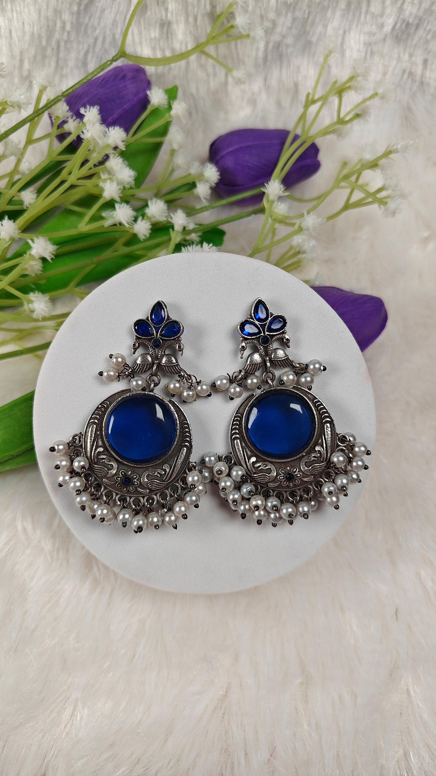 Royal Blue Oxidized Silver Jhumka Earrings With Pearls