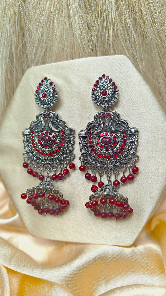 Ruby Maharani Oxidised Maroon Stone Chandbali Jhumka Earrings