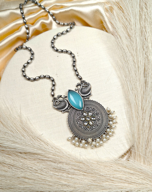 Oxidized Silver Peacock Necklace Set With Blue Stone & Pearl Drops