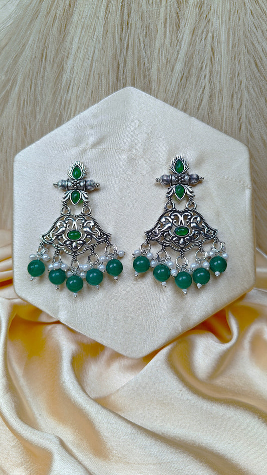 Emerald Leaf Oxidised Peacock Dangler Earrings