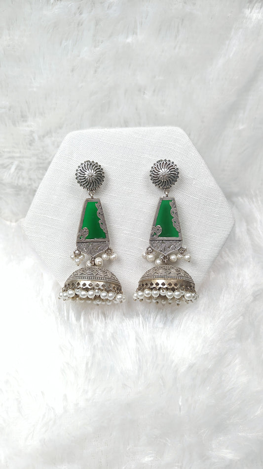 Silver Green Stone Jhumka Earrings With Pearl Drops