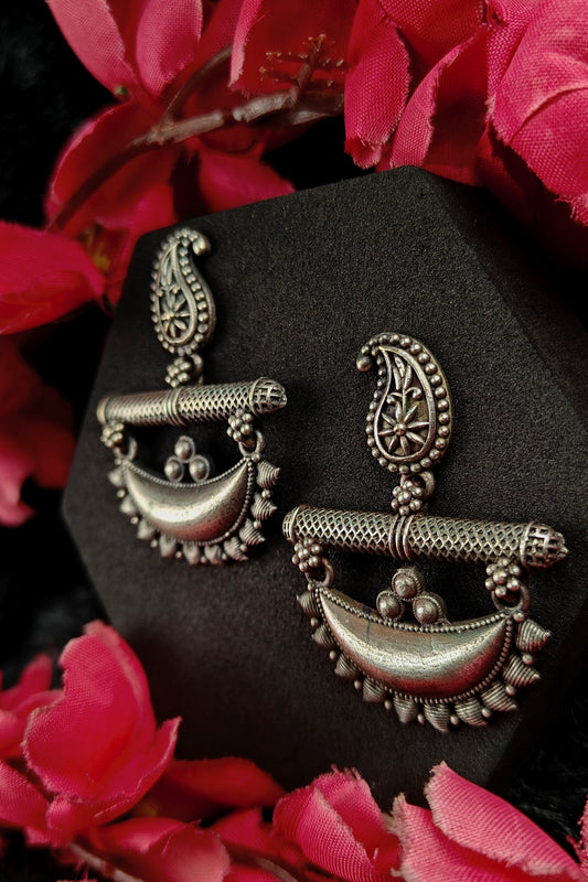 Oxidized Crescent Moon & Paisley Drop Earrings