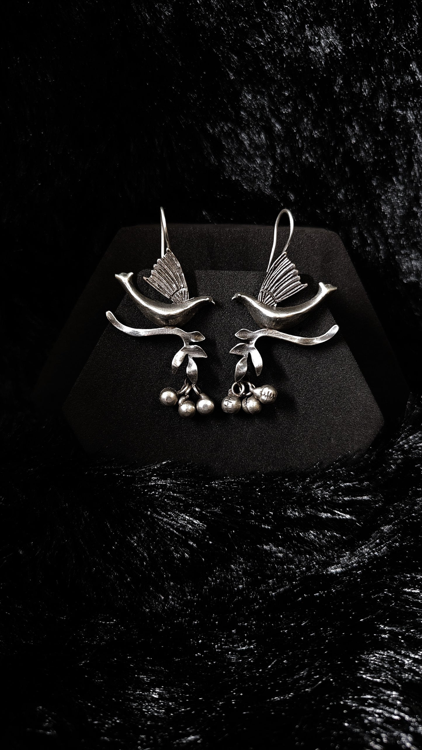 Antique Silver BIird Design Dangle Earrings With Ghungroo