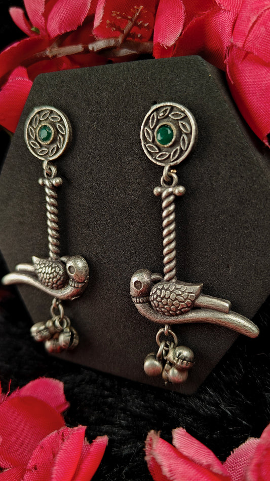Oxidized Tribal Bird Earrings with Green Stone