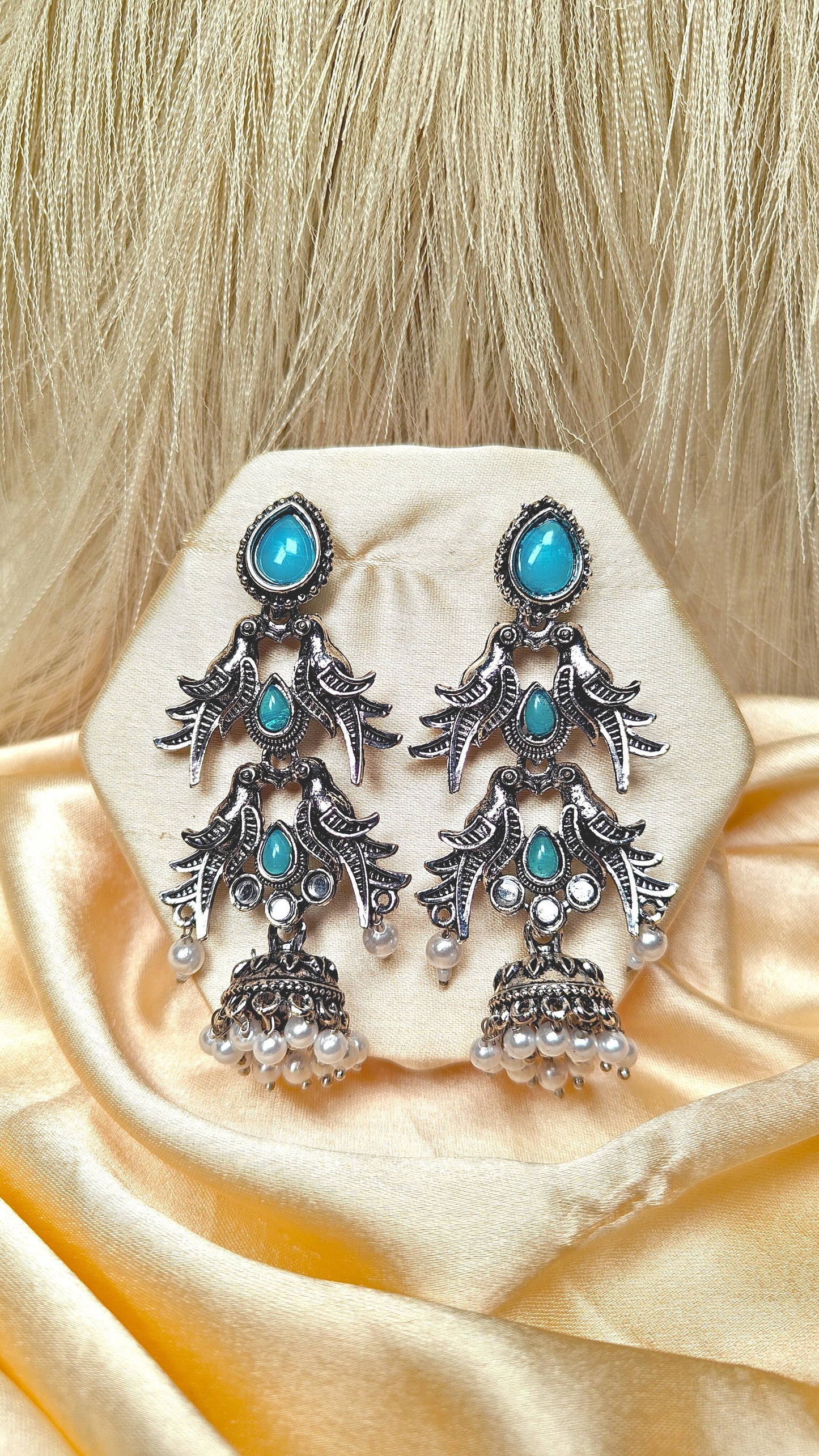 Blue Sparrow Cascade Oxidised Jhumka Earrings