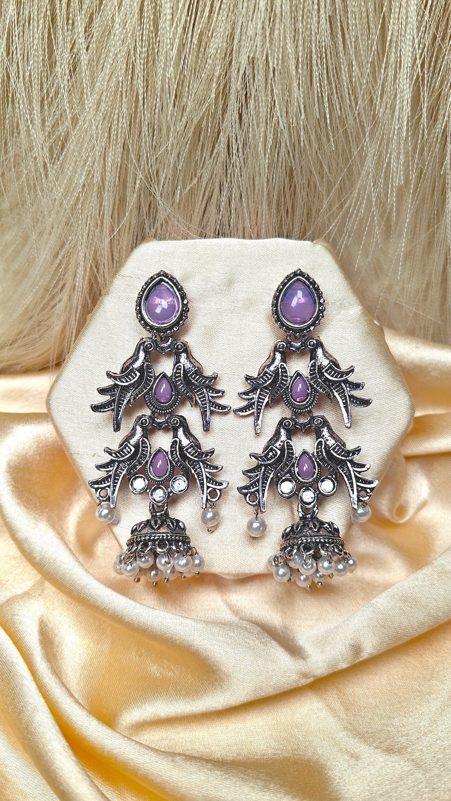 Lavender Sparrow Cascade Oxidised Jhumka Earrings