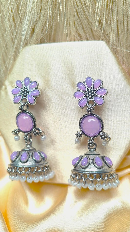 Lavender Blossom Oxidised Jhumka Earrings