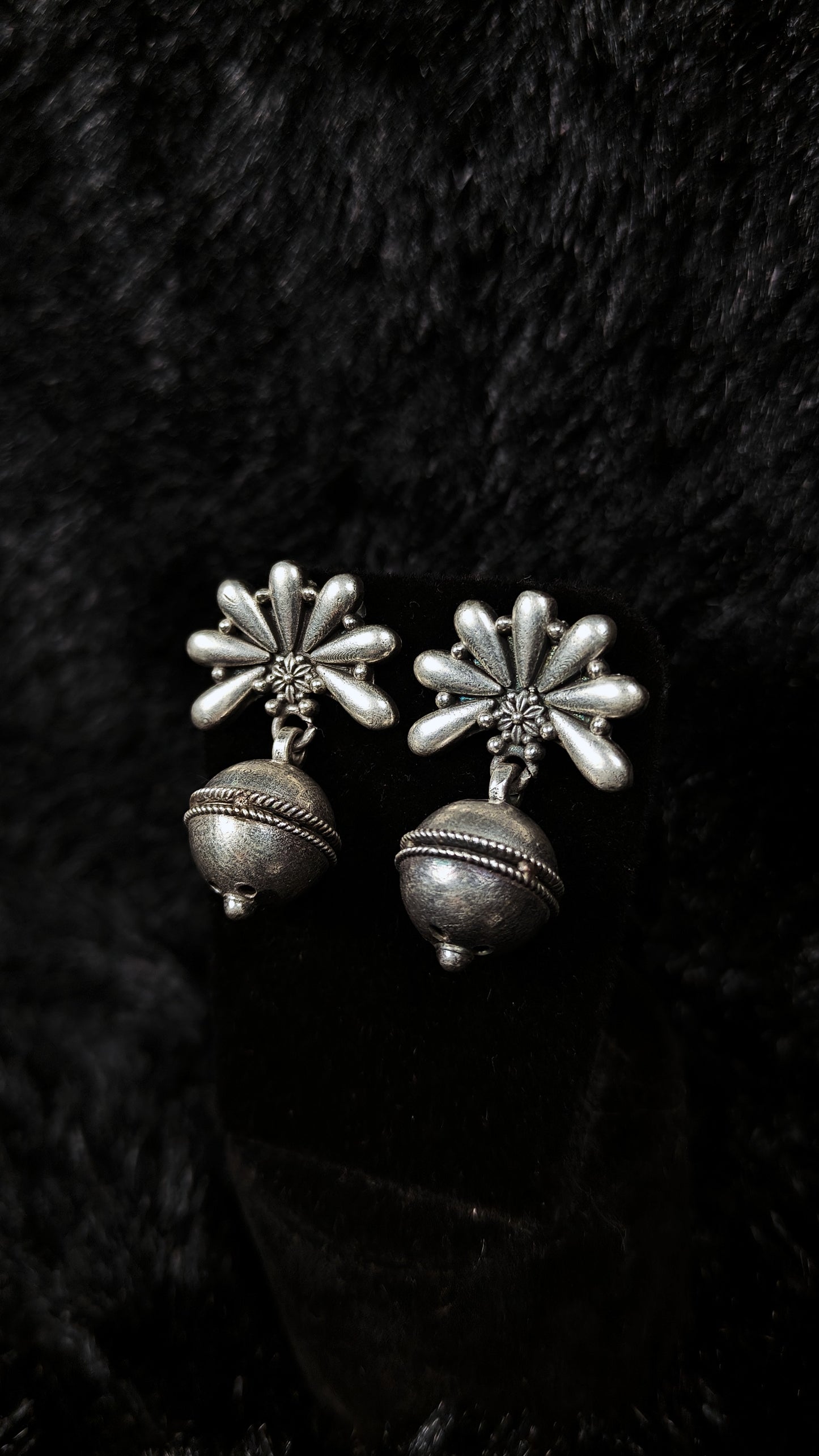 Oxidized Silver Flower Jhumka Earrings