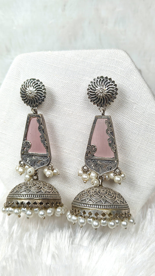 Oxidised pink mirrior cone jhumka earrings