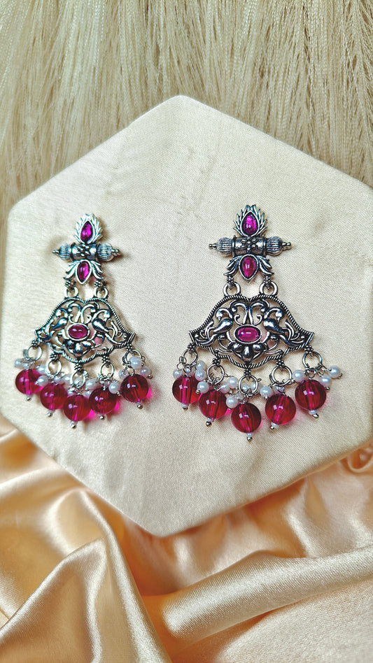 Royal Magenta Oxidised Bird Motif Dangler Earrings