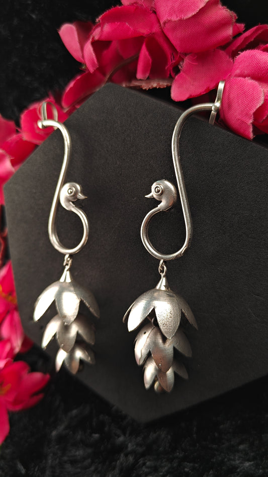 Silver Peacock Bloom Layered Oxidised Ear Cuffs