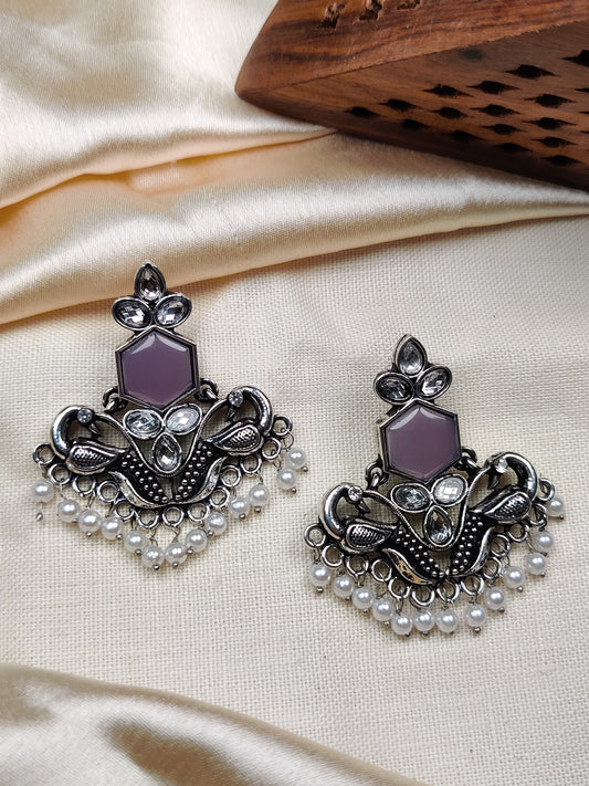 Silver peacock earrings with purple stone & pearl beads