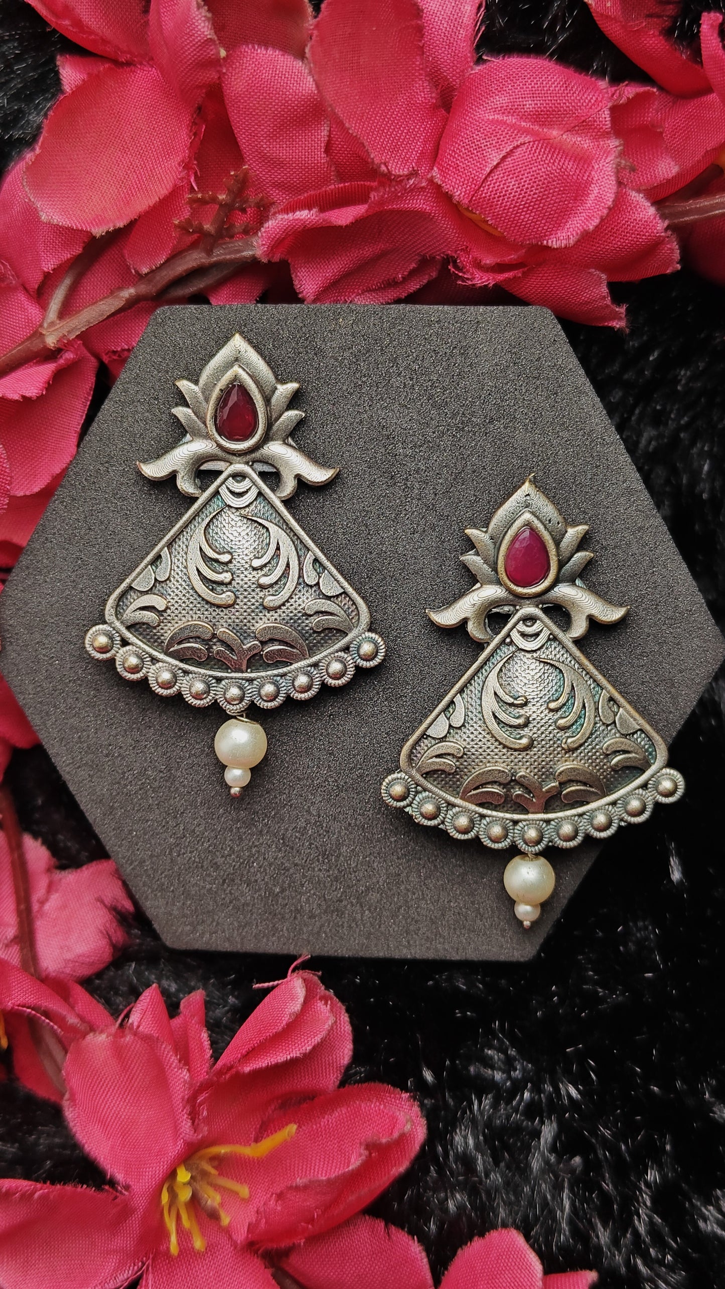 Meher Lotus Shield Oxidised Earrings with Pearl Drop