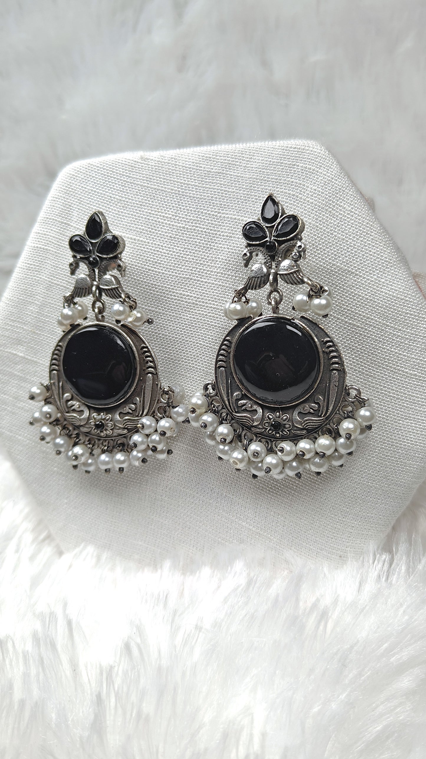 Oxidized Silver Black Stone Chandbali Earrings with Pearl Drops