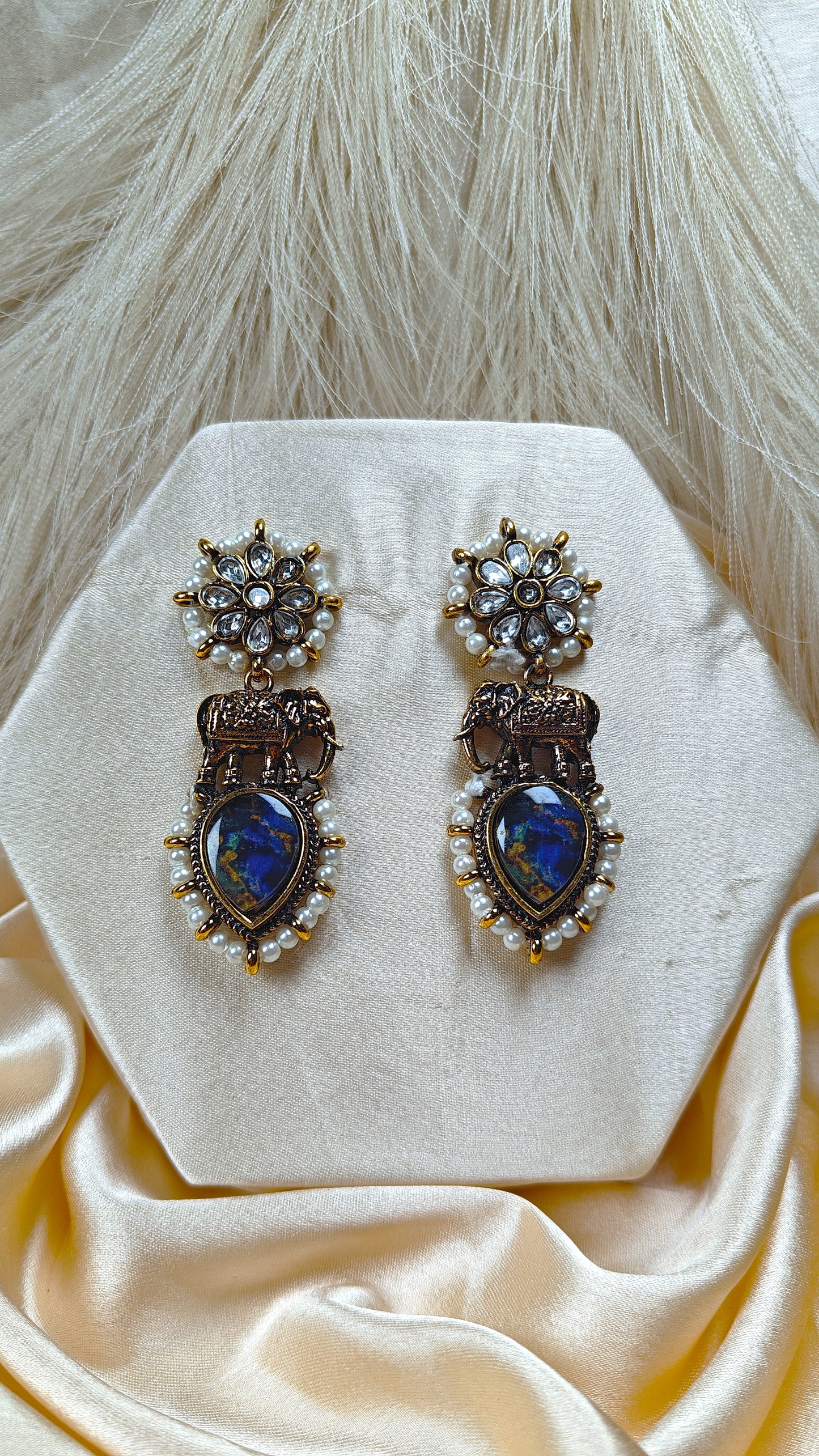 Blue stone kundan pearl antique chandbali earrings