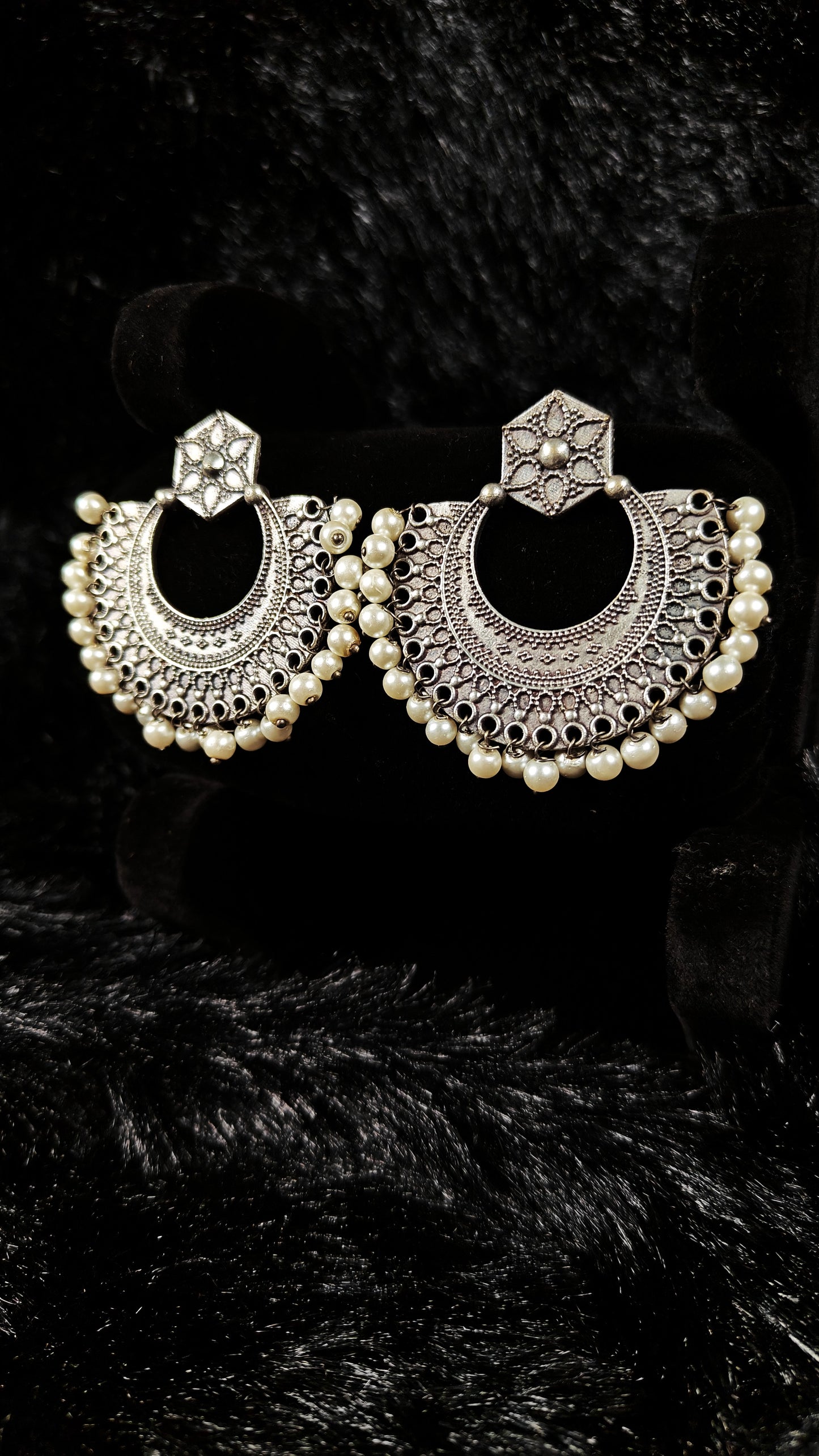 Vintage Oxidised Crescent Chandbali Earrings with Pearl Drops