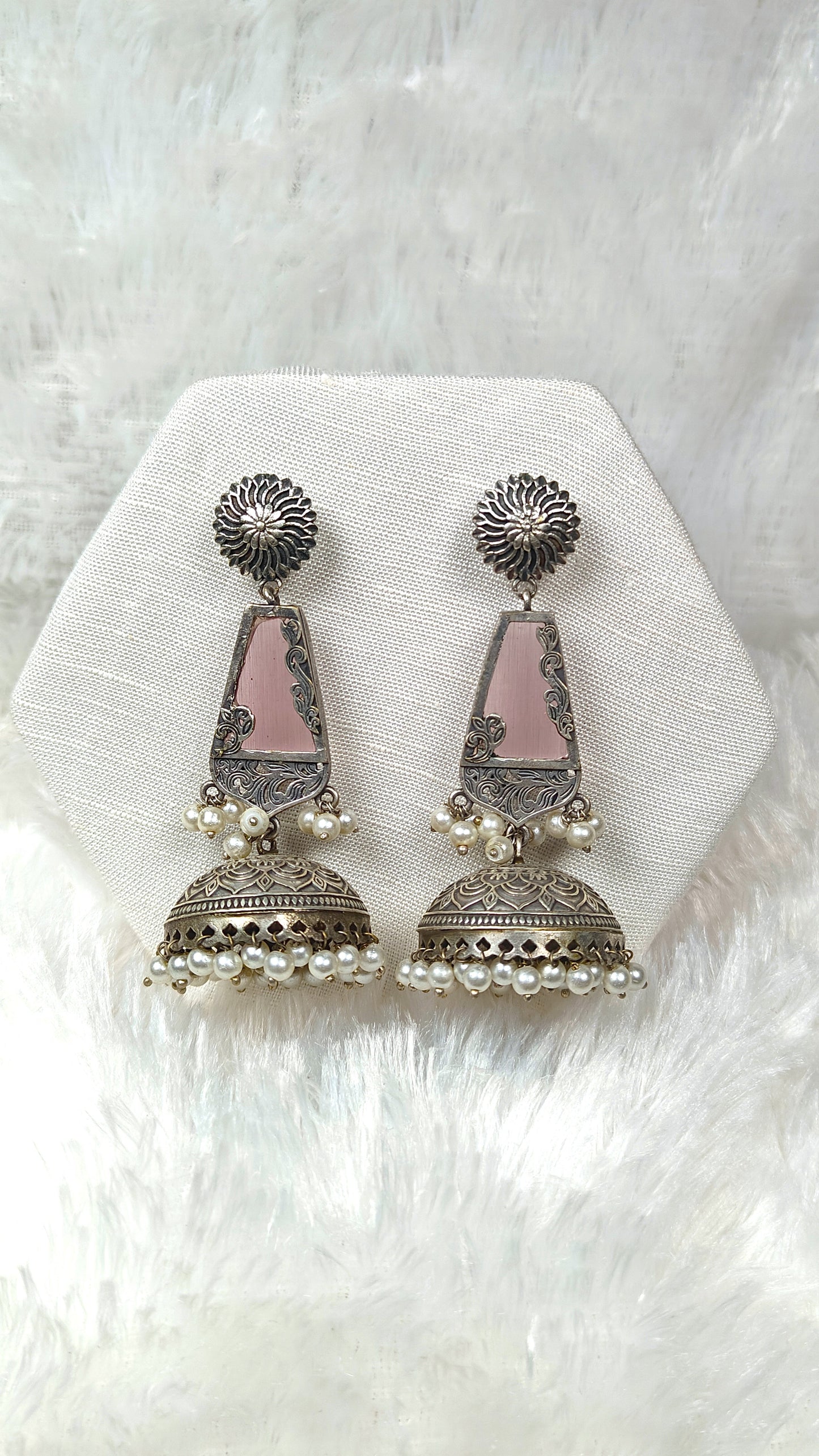 Oxidised pink mirrior cone jhumka earrings