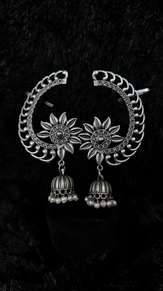 Oxidised crescent sunflower ear cuffs jhumki