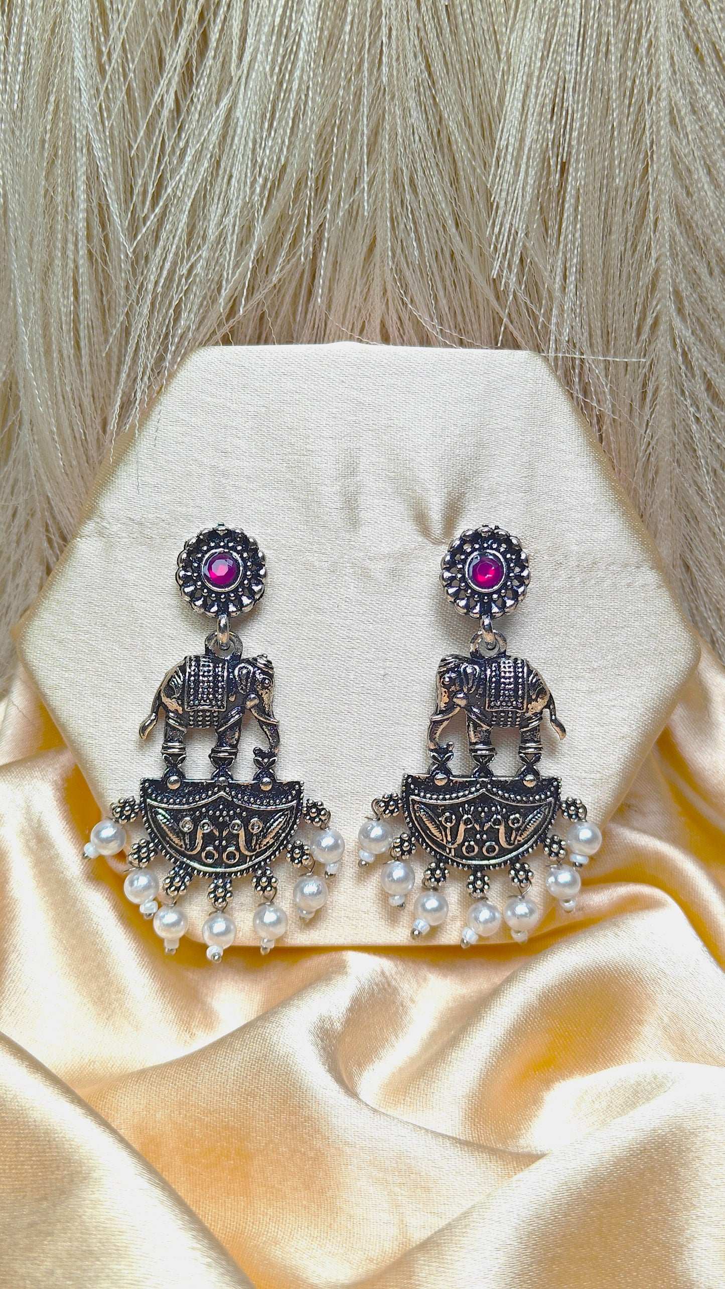 Royal Haathi Oxidised Pearl Dangler Earrings