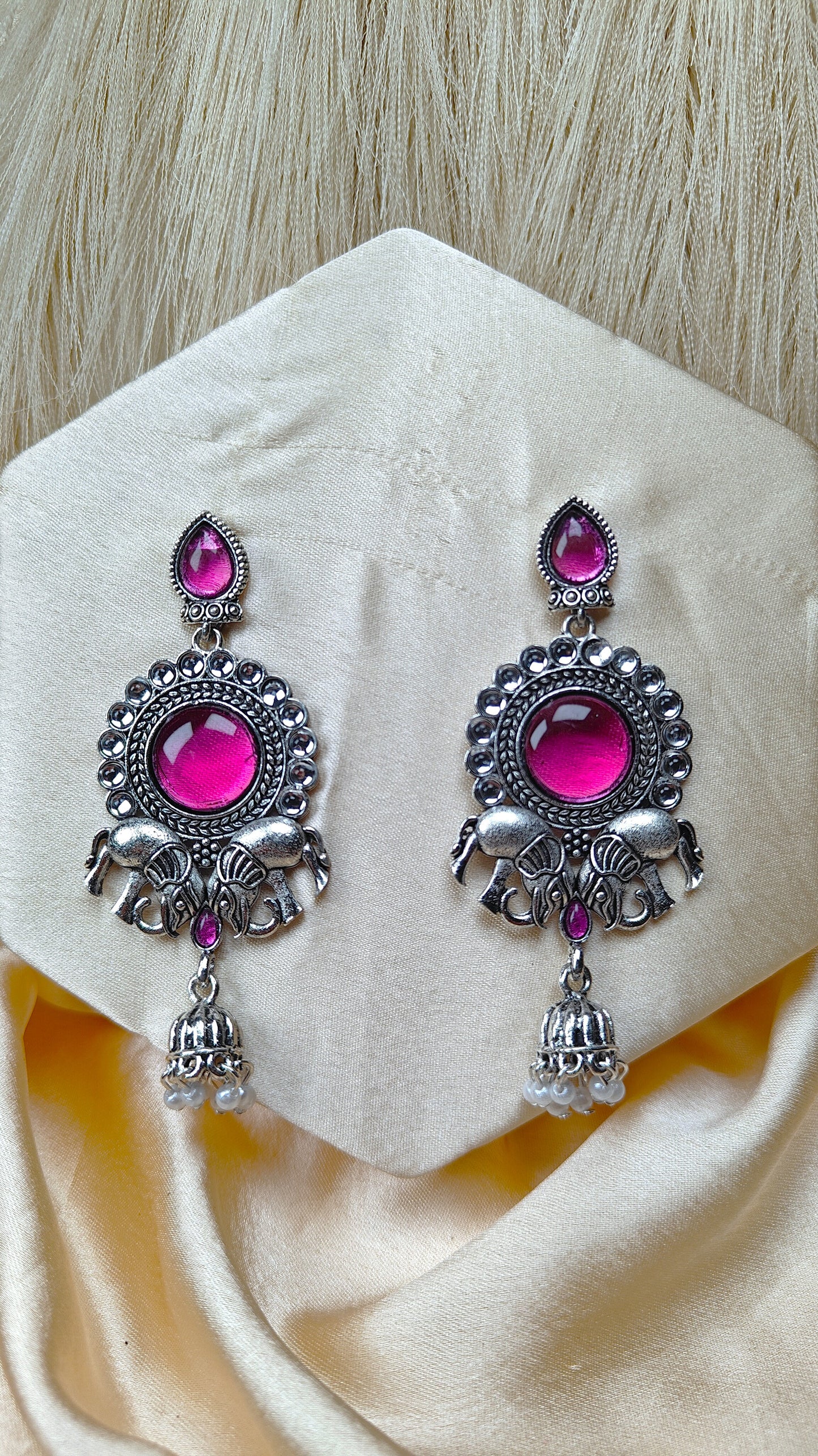 Royal Blush Elephant Oxidised Mirror Earrings