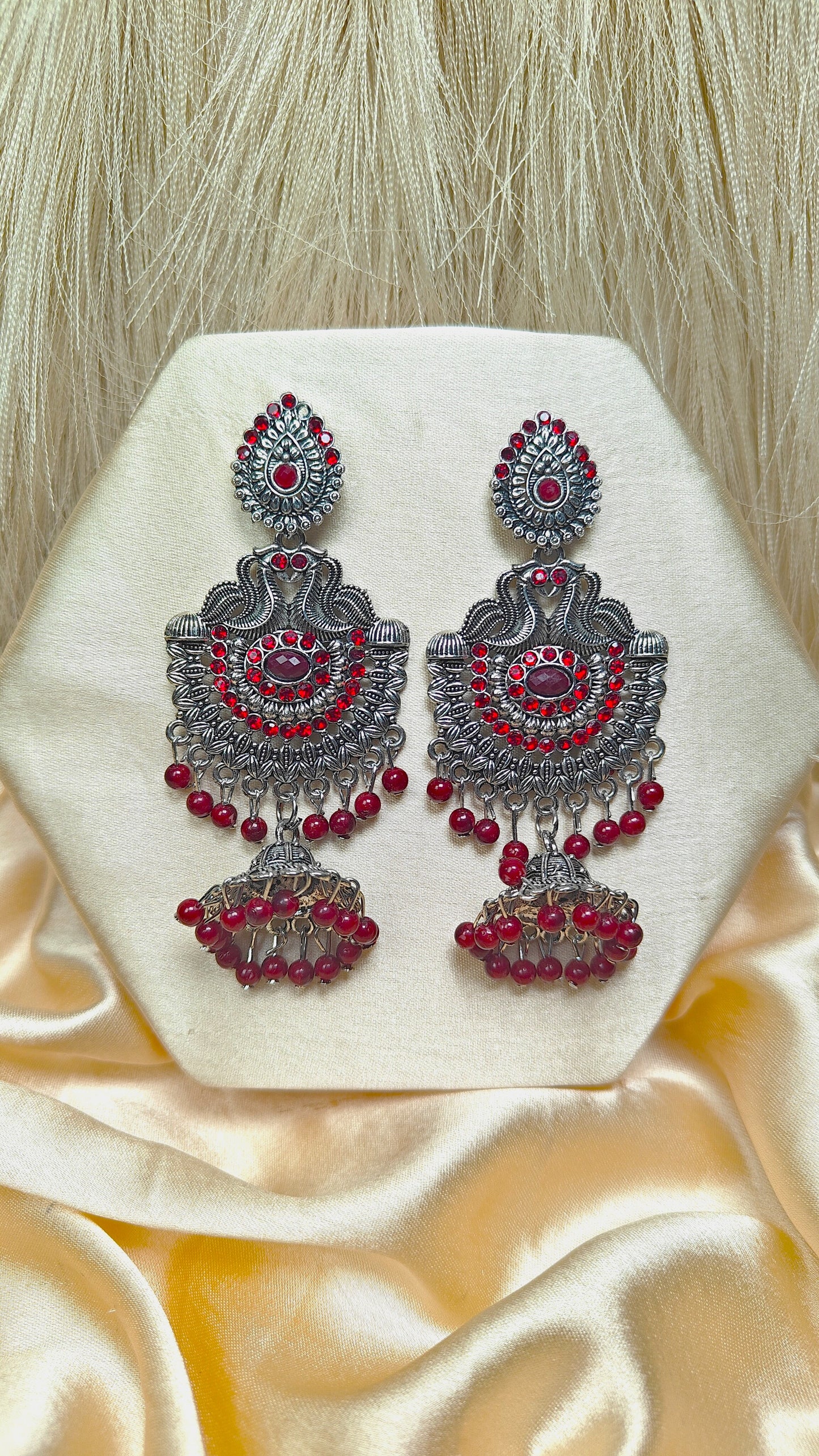 Ruby Maharani Oxidised Maroon Stone Chandbali Jhumka Earrings