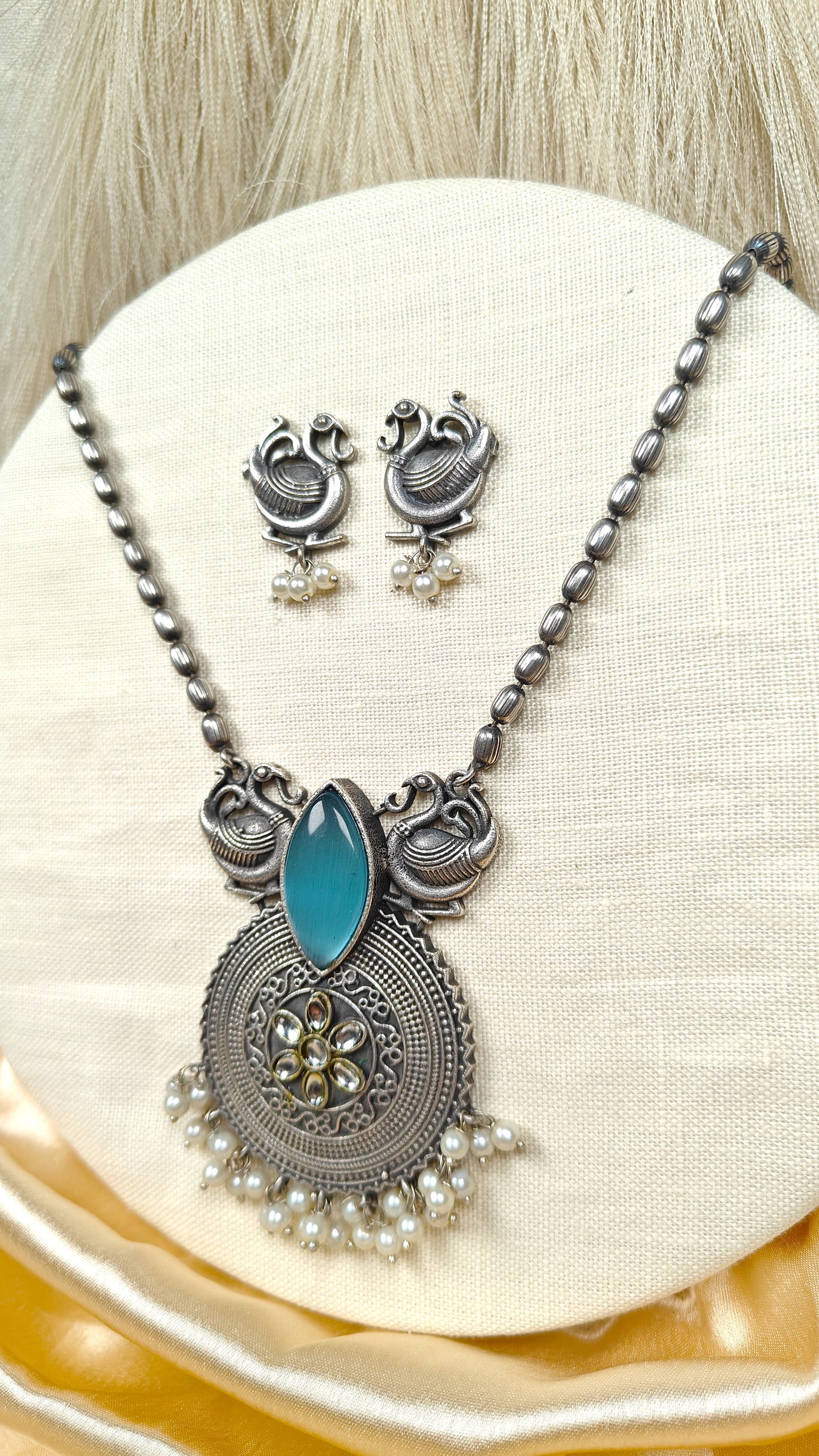 Oxidized Silver Peacock Necklace Set With Blue Stone & Pearl Drops