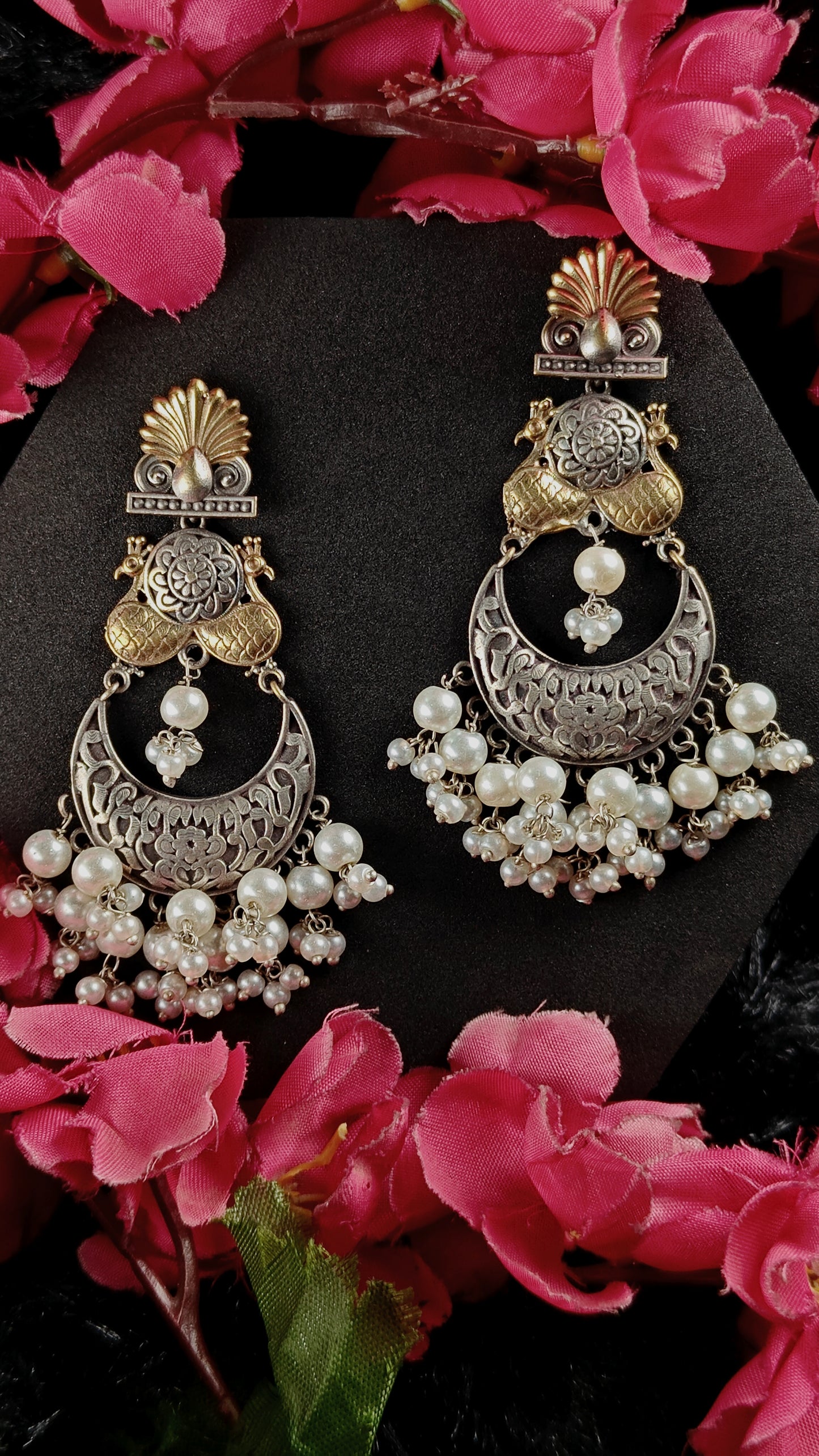 Antique Dual-Tone Peacock Jhumka Earrings With Pearl Clusters