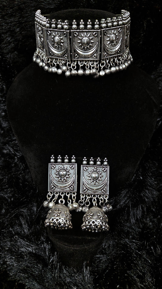Tribal Sun-Motif Oxidised Mirror Choker Set