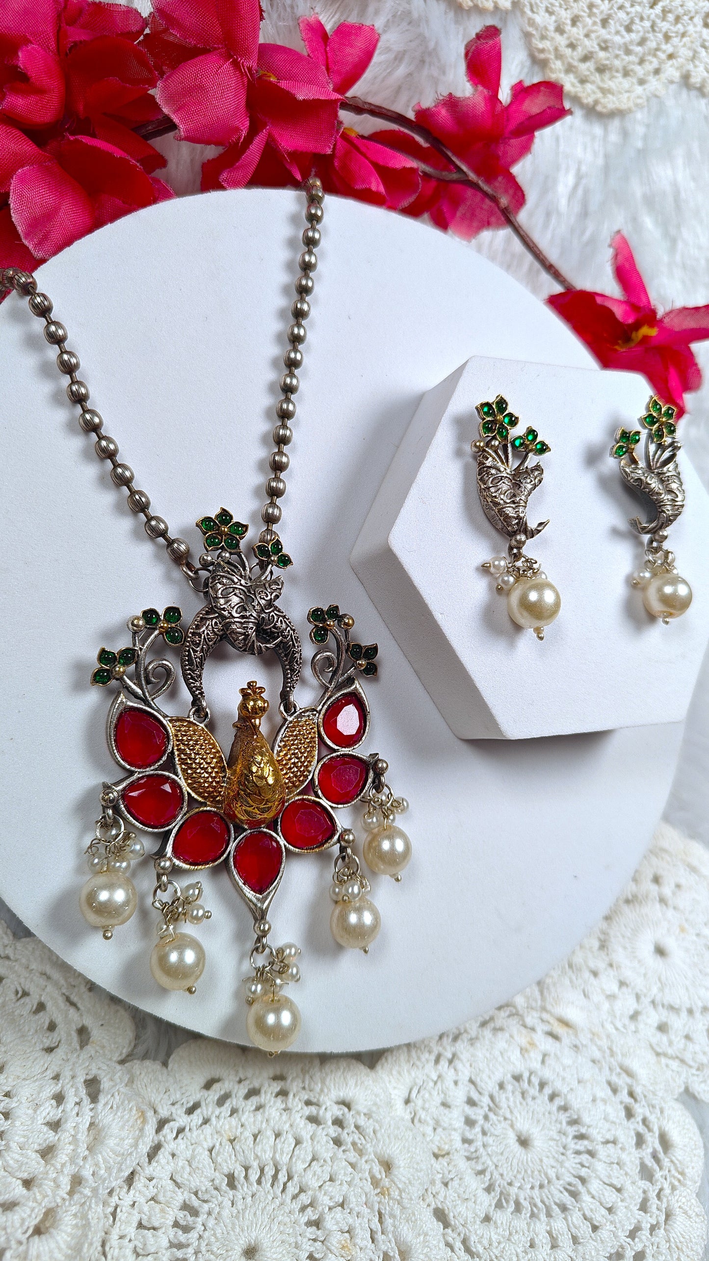 Ruby Royale Peacock Pendant Set
