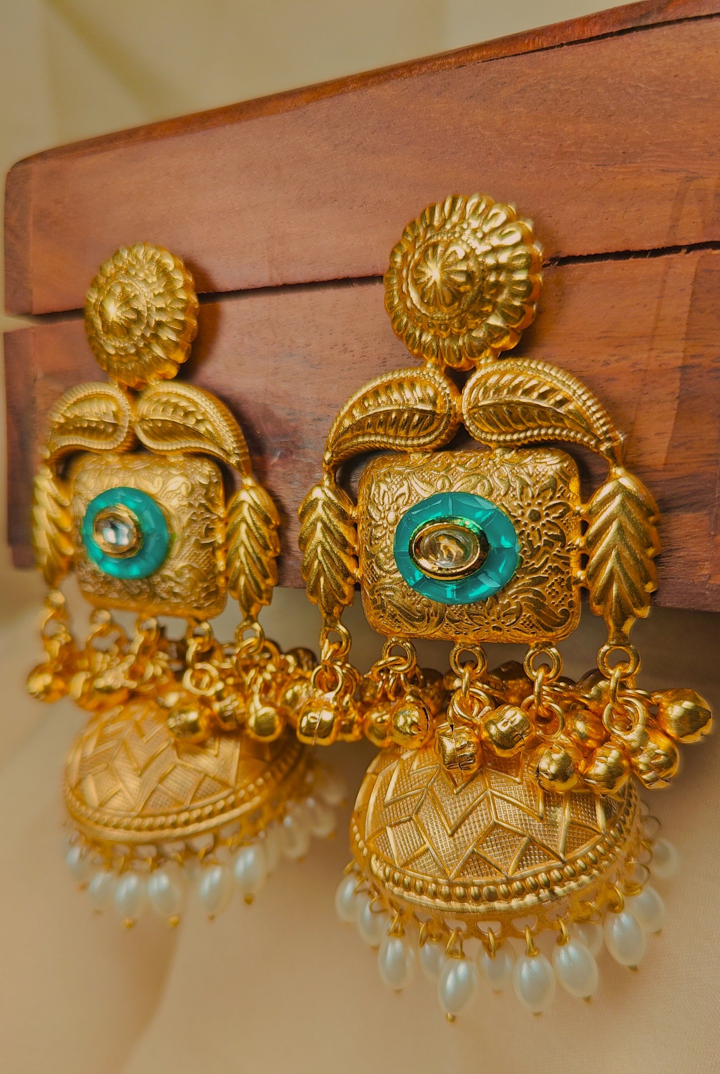 Zeenat-e-Kashmir Green Stone Jhumka Earrings